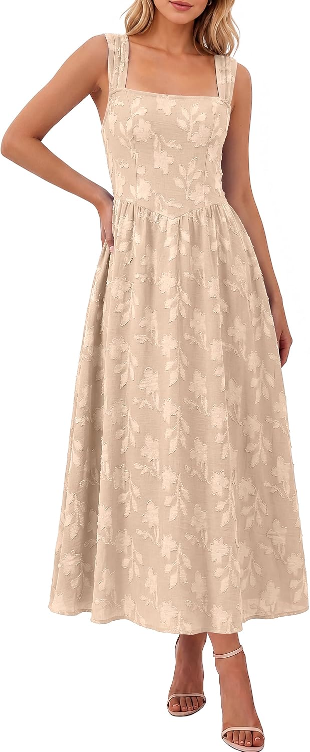 BerryGo Womens Fall Flowy Formal Wedding Guest Maxi Dresses | Sleeveless Square Neck, Jacquard Floral, Summer Boho Beach, Elegant Holiday Party Vacation Maxi Sundress