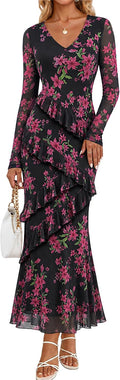 MEROKEETY Womens Fall Wedding Guest Floral Long Sleeve Bodycon Maxi Dress | 2026, Formal, V Neck, Ruffled, Mesh Overlay, Lined, Cocktail Party, Rehearsal Dinner, Bridal, Baby Shower, Date Night Dress