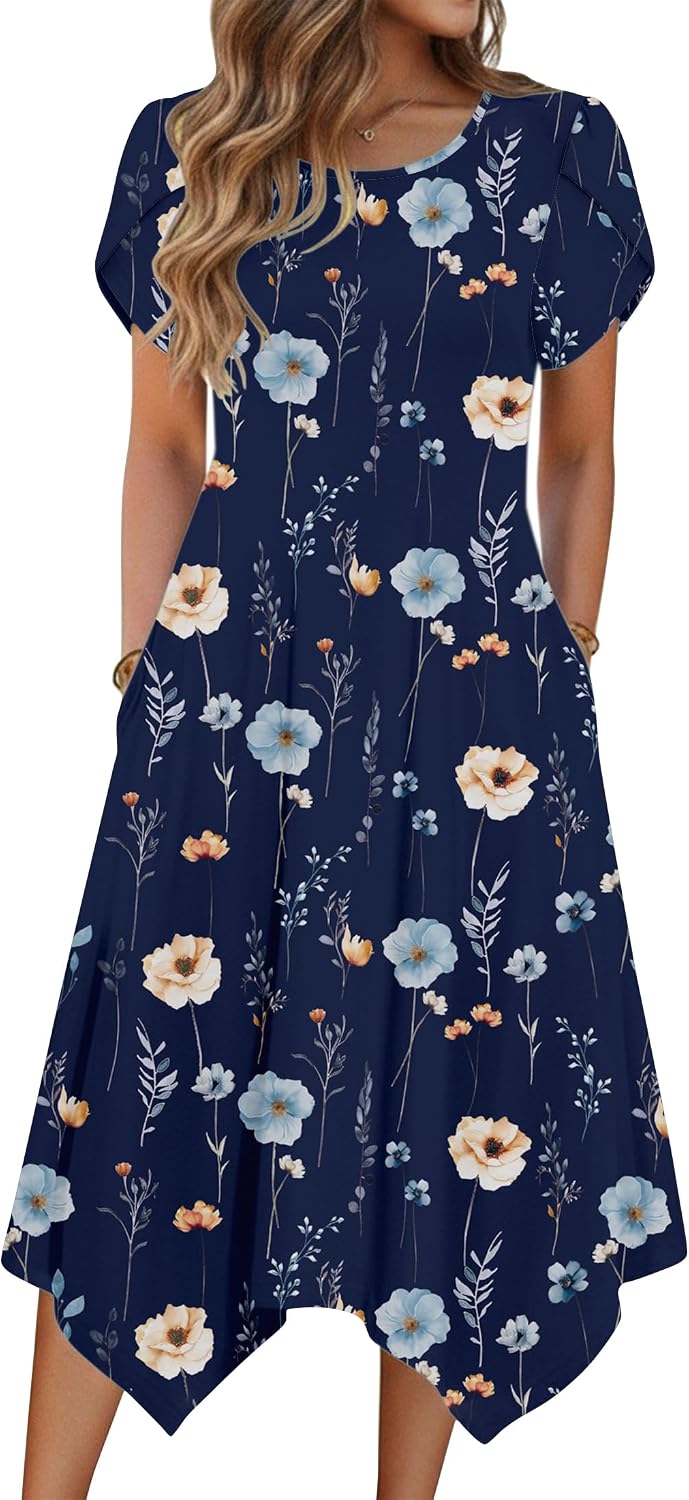 Zeagoo Womens Casual Dress for Summer Loose Hankerchief Flare Midi Sundress | Floral Print, Boho Style, Fall Wedding Guest Dress, A Line,Crew Neck, Side Pockets, Asymmetrical Hem, for Beach, Casual,Daily