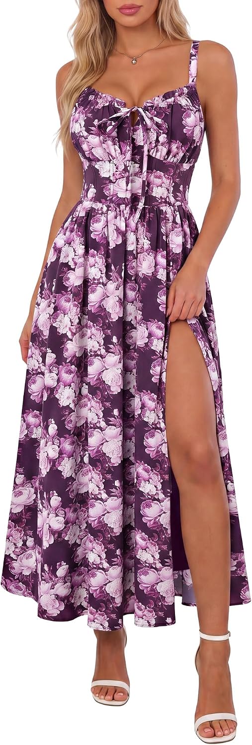 Scarlet Darkness Wedding Guest Dresses for Women Floral Corset Sundress | V Neck, Slit, with Pockets, for Summer, Tea Party, Graduation, Casual