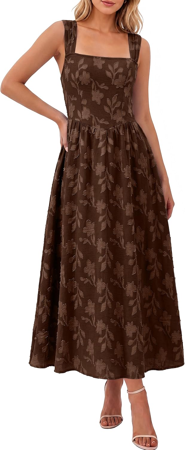 BerryGo Womens Fall Flowy Formal Wedding Guest Maxi Dresses | Sleeveless Square Neck, Jacquard Floral, Summer Boho Beach, Elegant Holiday Party Vacation Maxi Sundress
