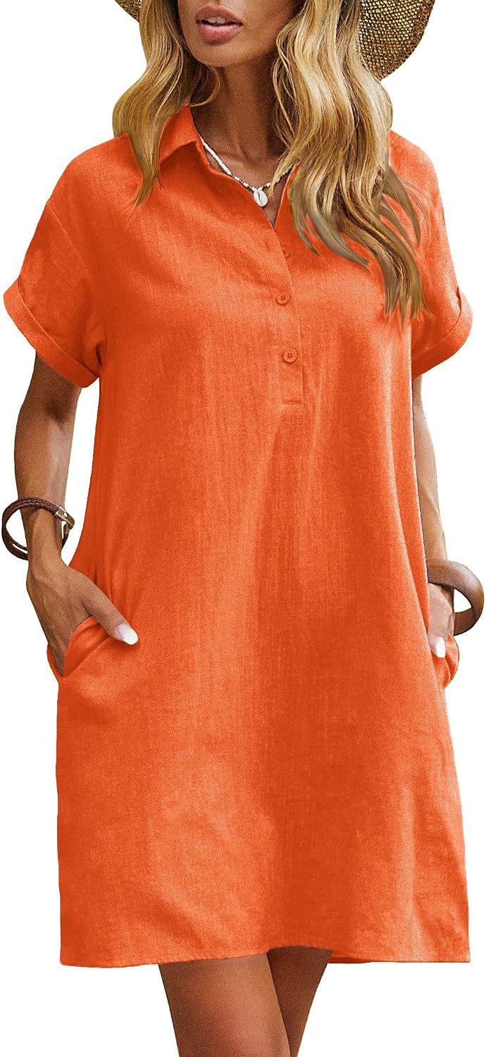 Zeagoo Womens Cotton Shirt Dress Summer Casual Short Sleeve Button Down Beach Cover Up Shirts with Pockets