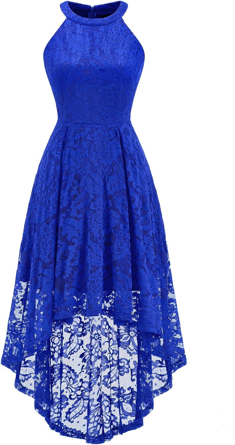 Dressystar Women Halter Lace Hi Lo Wedding Guest Cocktail Formal Dress | Bridesmaid Wedding Dresses,Sleeveless,Halter Top Neckline,High Low Hem,Elegant A line Design,Soft floral Lace Party Dress