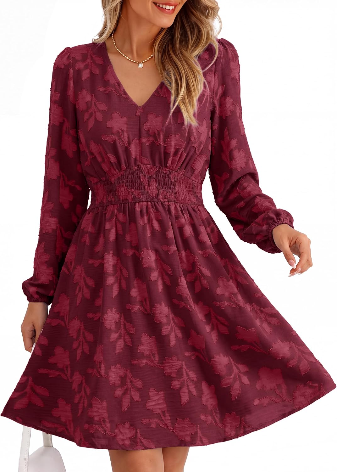 Simplee Womens Fall Long Sleeve Babydoll Wedding Guset Mini Dress | Babydoll Fit,Boho Weatern Short Dress with Pocket,A Line V Neck Flowy,Elastic Waist,Burnout Floral,Cocktail Party