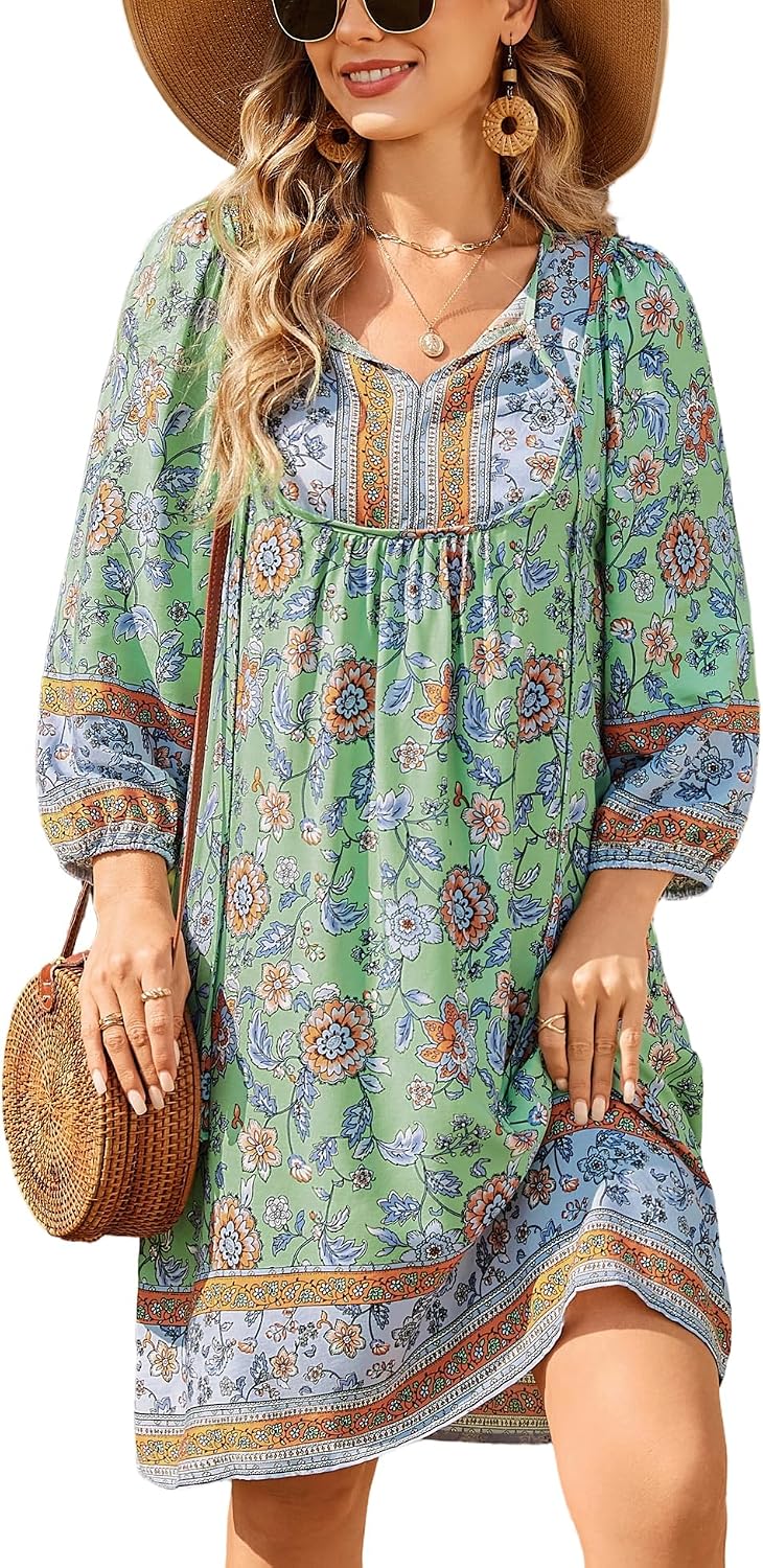 Bluetime Women 3\/4 Sleeve Summer Babydoll Dress | V Neck, Knee Length, Casual Floral Flowy Dress, Outfits for Vacation, Beach, Cocktail, Party, Wedding, Date