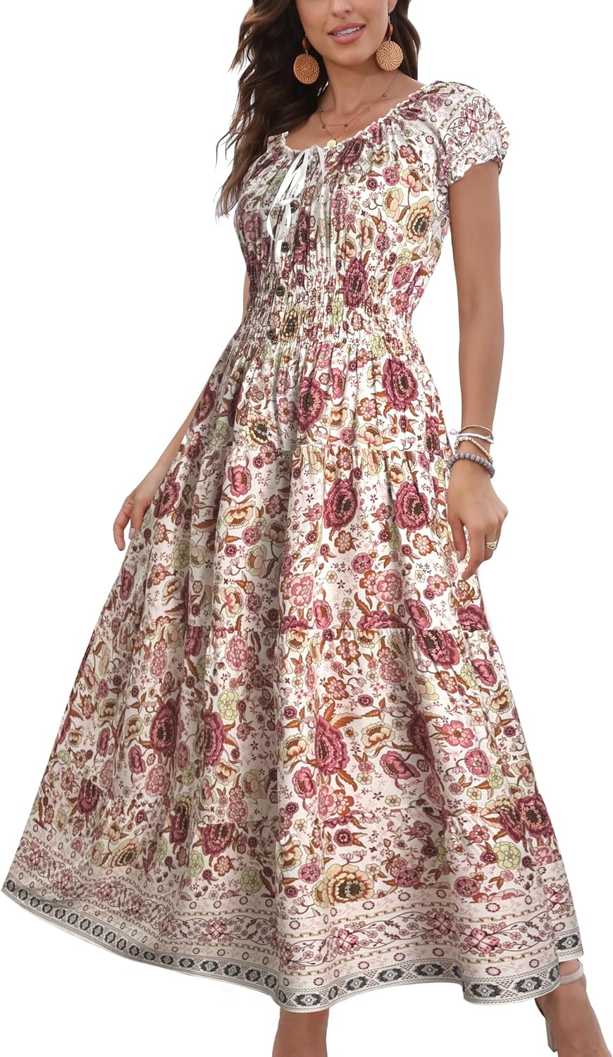 OSTOO Women's 2026 Maxi Dress Short Sleeves Boho Floral Print Tiered Casual Flowy Summer Long Dress