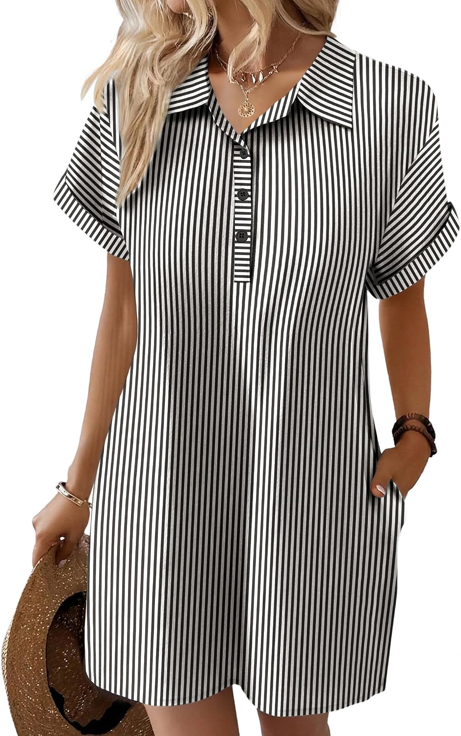 Zeagoo Womens Cotton Shirt Dress Summer Casual Short Sleeve Button Down Beach Cover Up Shirts with Pockets