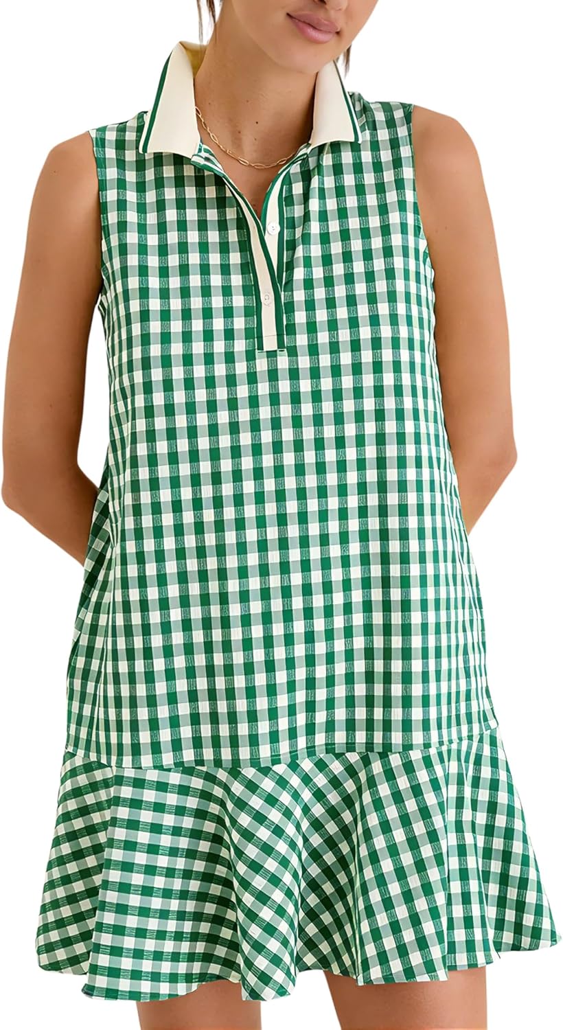 Meyhad Womens Gingham Polo Dress V Neck Sleeveless Ruffled Hem Mini Dresses Plaid Button Front Tennis Dress