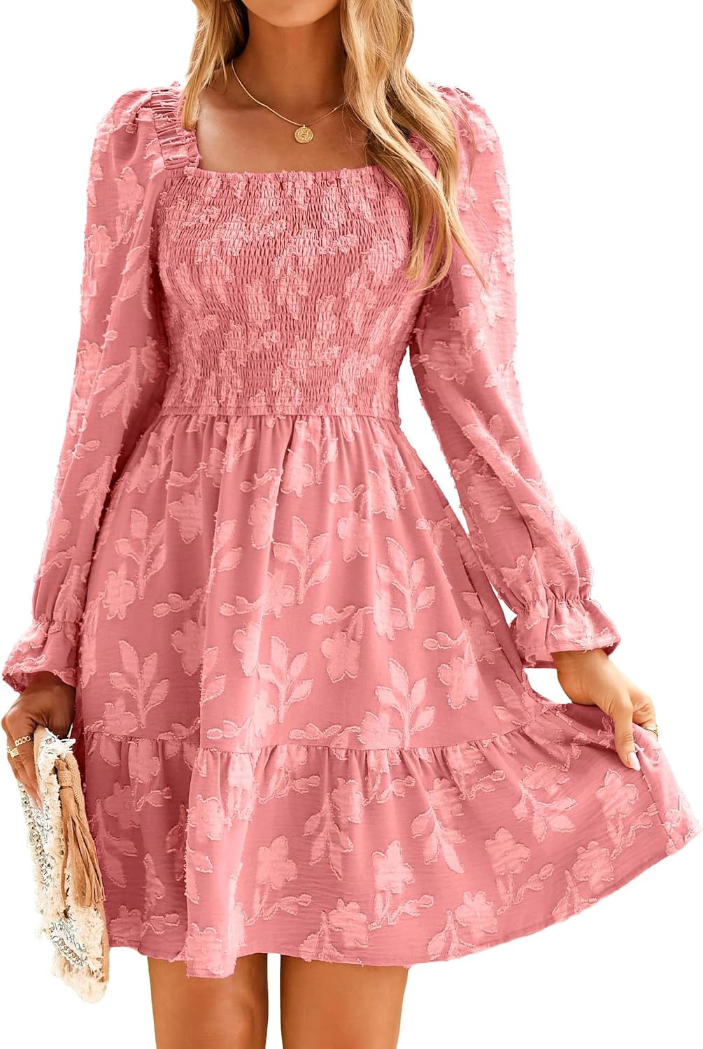 BerryGo Women's Square Neck Fall Long Sleeve Mini Dress Smocked Swing Ruffle Wedding Guest Dress