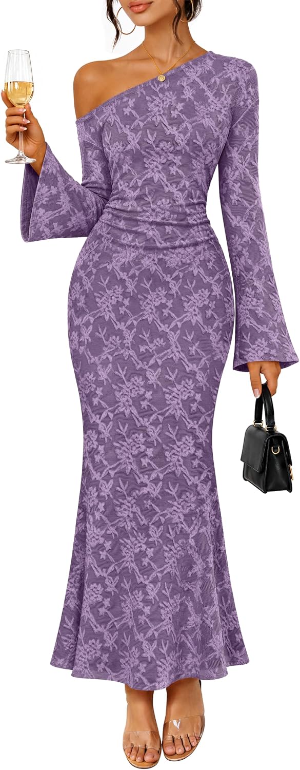 MEROKEETY Women's Lace Off The Shoulder Fall Wedding Guest Cocktail Dress | 2026 Floral, Maxi, Bell Long Sleeve, Maxi, Fitted, Bodycon, Ruched, Lined, Elegant Formal Outfifs, Party, Date Night Dresses