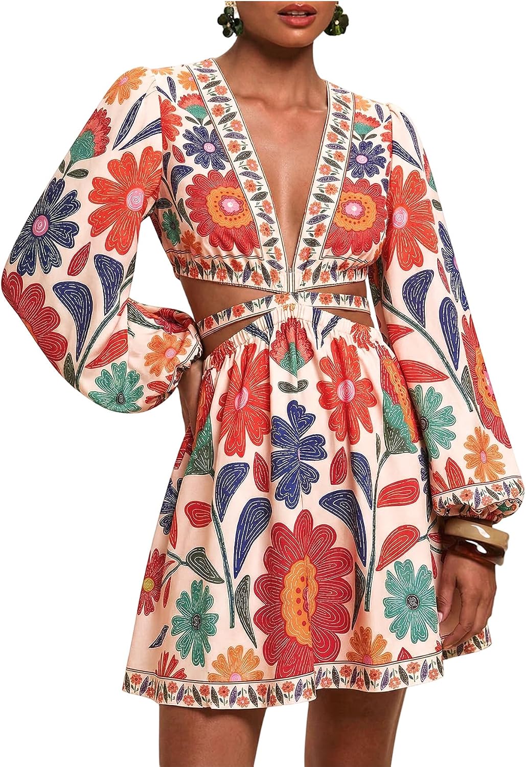 Floerns Women's Tropical Floral Long Sleeve Mini Dress | Cut Out, Bishop Sleeve, V Neck, A Line, Hawaiian Beach Vacation, Summer, Fall Outfits, Resort Wear