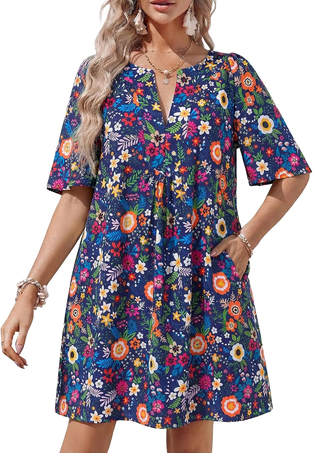 Wenrine Womens Shift Mini Dress Casual Short Sleeve Summer Dresses | Flutter Sleeve, V Neck, Loose Fit, Flowy, Short Beach dresses, Vacation