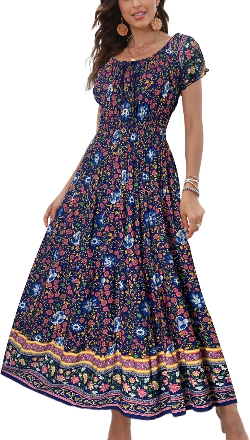 OSTOO Women's 2026 Maxi Dress Short Sleeves Boho Floral Print Tiered Casual Flowy Summer Long Dress