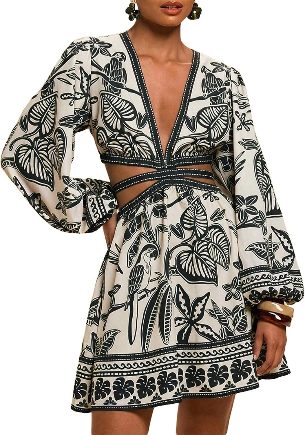 Floerns Women's Tropical Floral Long Sleeve Mini Dress | Cut Out, Bishop Sleeve, V Neck, A Line, Hawaiian Beach Vacation, Summer, Fall Outfits, Resort Wear