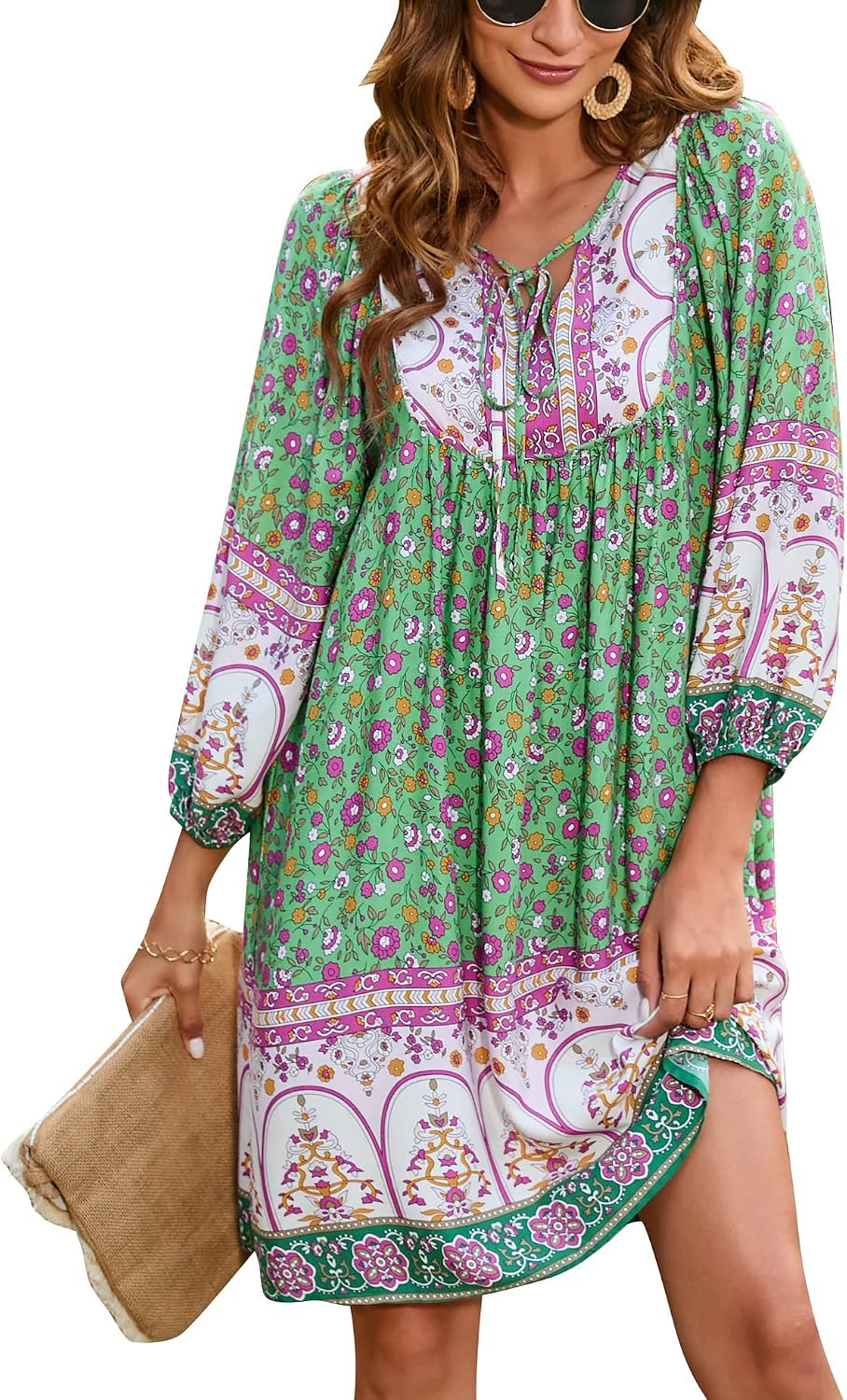 Bluetime Women 3\/4 Sleeve Summer Babydoll Dress | V Neck, Knee Length, Casual Floral Flowy Dress, Outfits for Vacation, Beach, Cocktail, Party, Wedding, Date