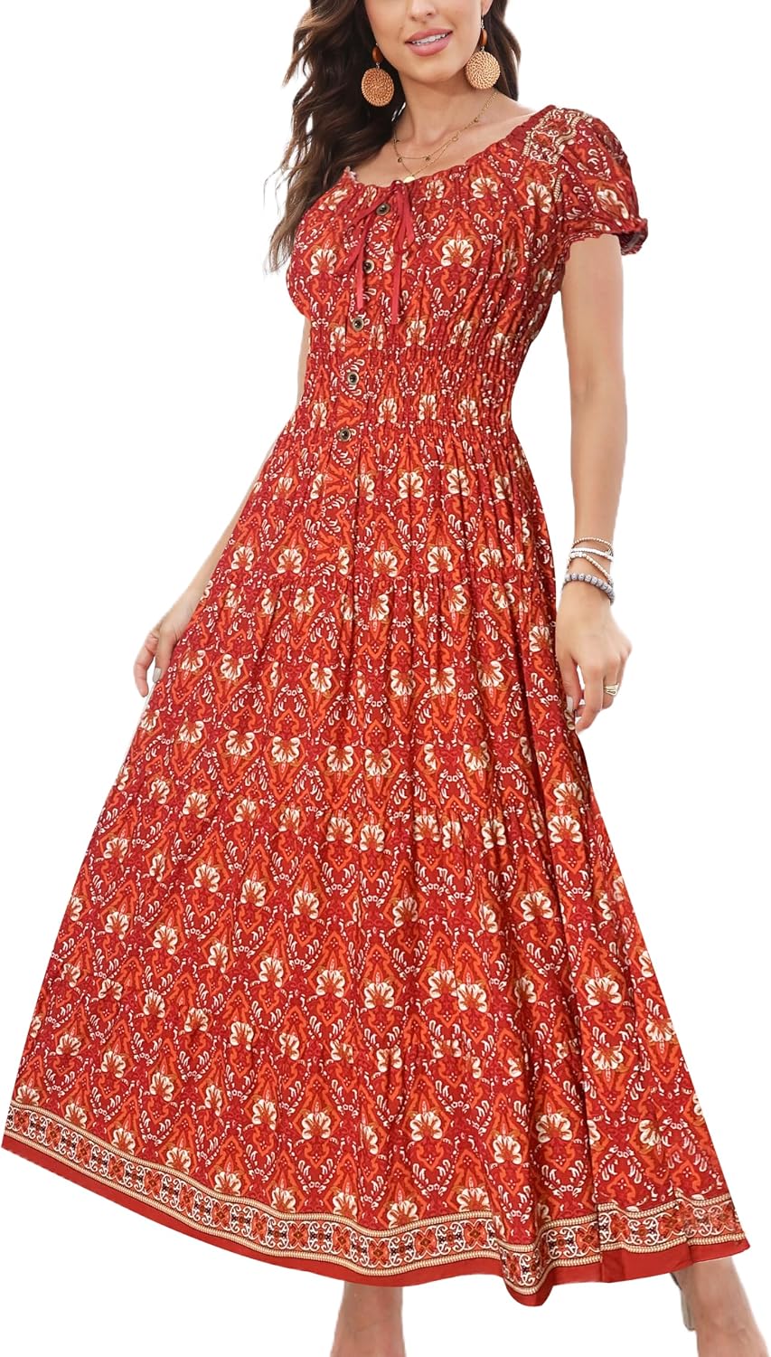 OSTOO Women's 2026 Maxi Dress Short Sleeves Boho Floral Print Tiered Casual Flowy Summer Long Dress