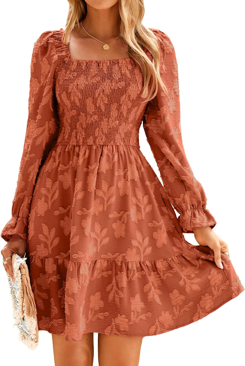 BerryGo Women's Square Neck Fall Long Sleeve Mini Dress Smocked Swing Ruffle Wedding Guest Dress
