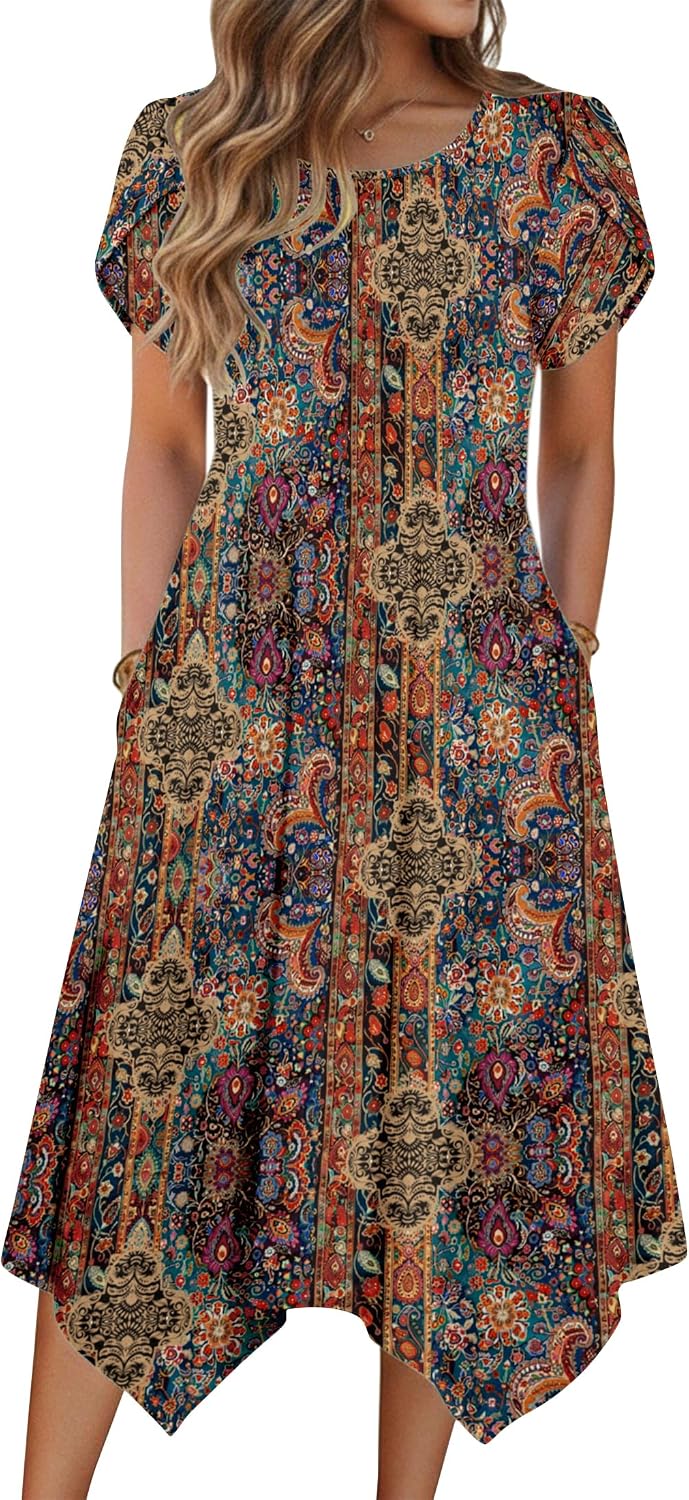 Zeagoo Womens Casual Dress for Summer Loose Hankerchief Flare Midi Sundress | Floral Print, Boho Style, Fall Wedding Guest Dress, A Line,Crew Neck, Side Pockets, Asymmetrical Hem, for Beach, Casual,Daily