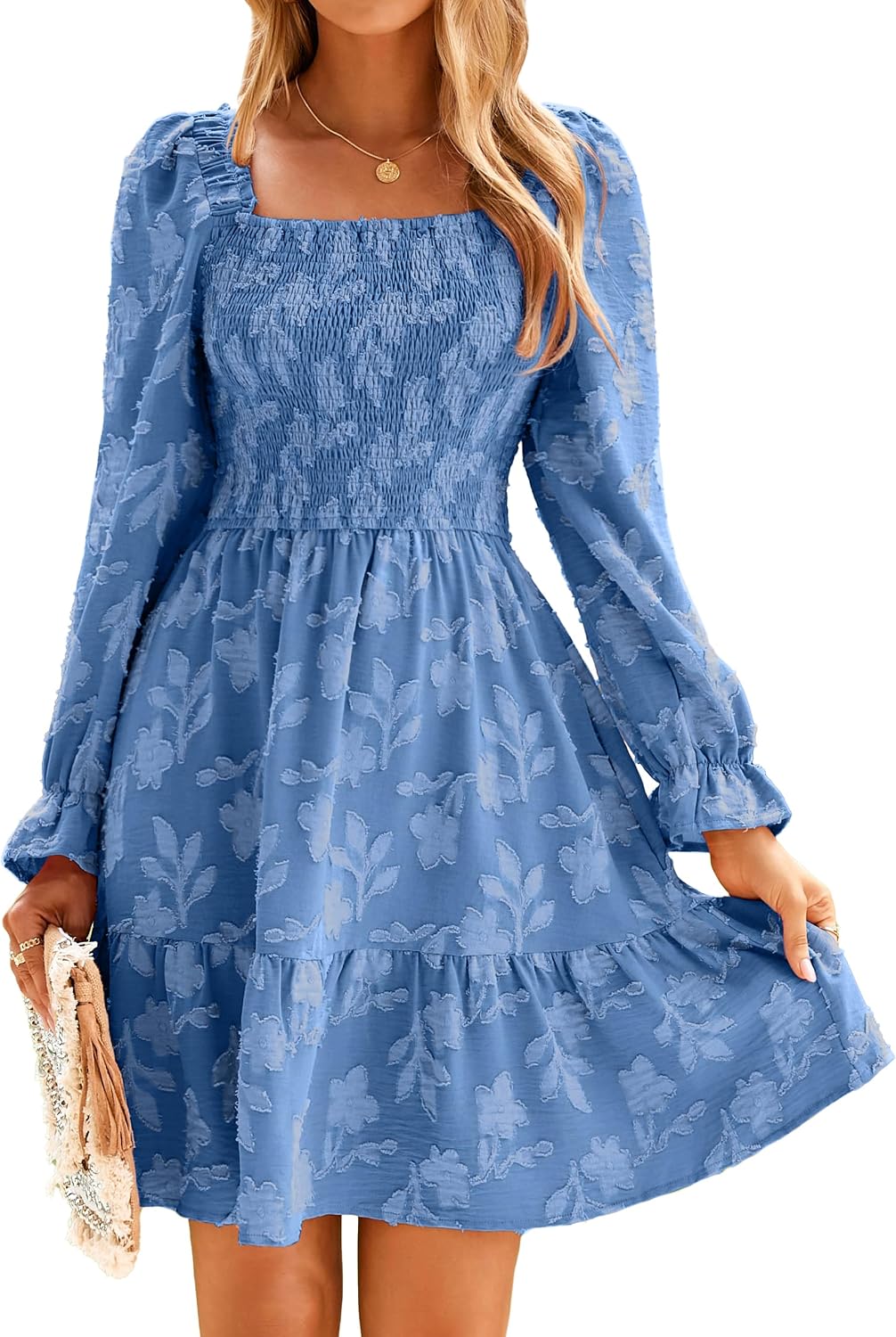BerryGo Women's Square Neck Fall Long Sleeve Mini Dress Smocked Swing Ruffle Wedding Guest Dress
