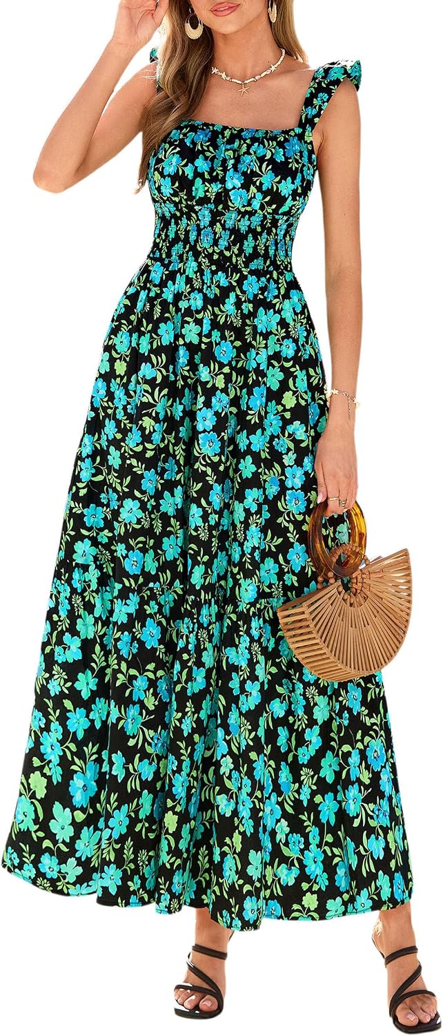 PRETTYGARDEN Women Boho Floral Maxi Sundresses | Square Neck A Line, Ruffle Straps, Smocked Pocket Dress, Flowy Spring Summer Outfit for Wedding Guest, Beach Vacation, Party