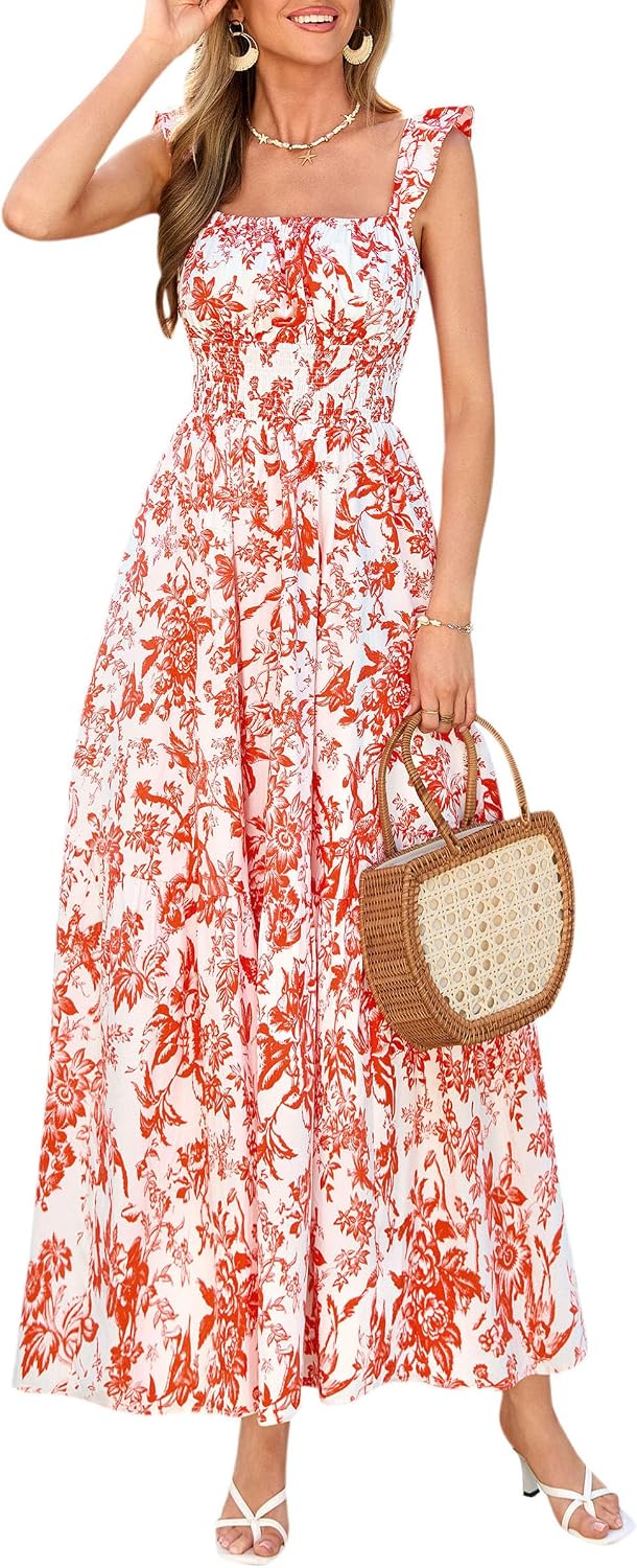 PRETTYGARDEN Women Boho Floral Maxi Sundresses | Square Neck A Line, Ruffle Straps, Smocked Pocket Dress, Flowy Spring Summer Outfit for Wedding Guest, Beach Vacation, Party