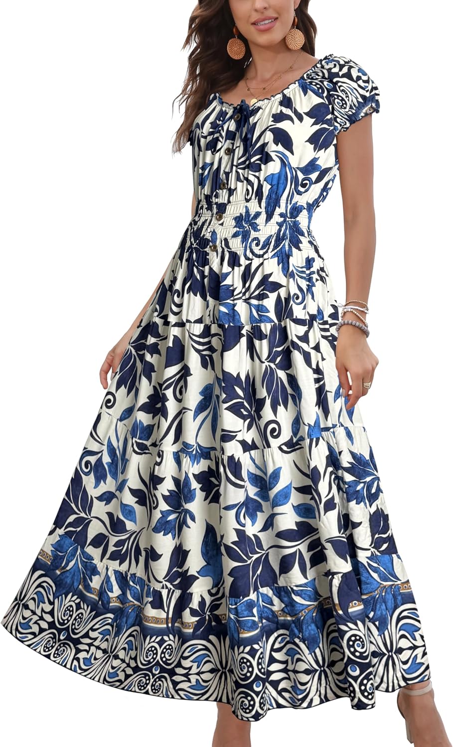 OSTOO Women's 2026 Maxi Dress Short Sleeves Boho Floral Print Tiered Casual Flowy Summer Long Dress