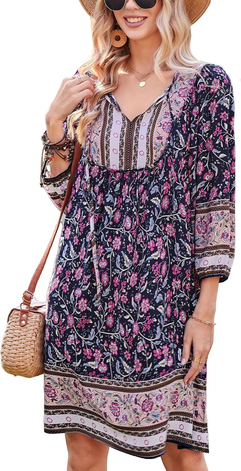 Bluetime Women 3\/4 Sleeve Summer Babydoll Dress | V Neck, Knee Length, Casual Floral Flowy Dress, Outfits for Vacation, Beach, Cocktail, Party, Wedding, Date