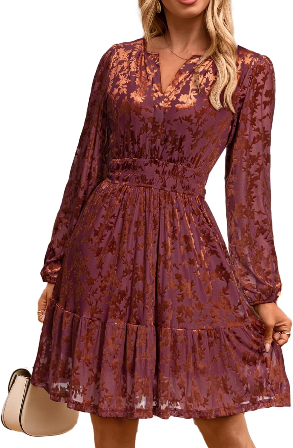 Simplee Womens Velvet Dress 2026 Fall Cocktail Long Sleeve Empire V Neck Wedding Guest Holiday Mini Dresses with Pockets