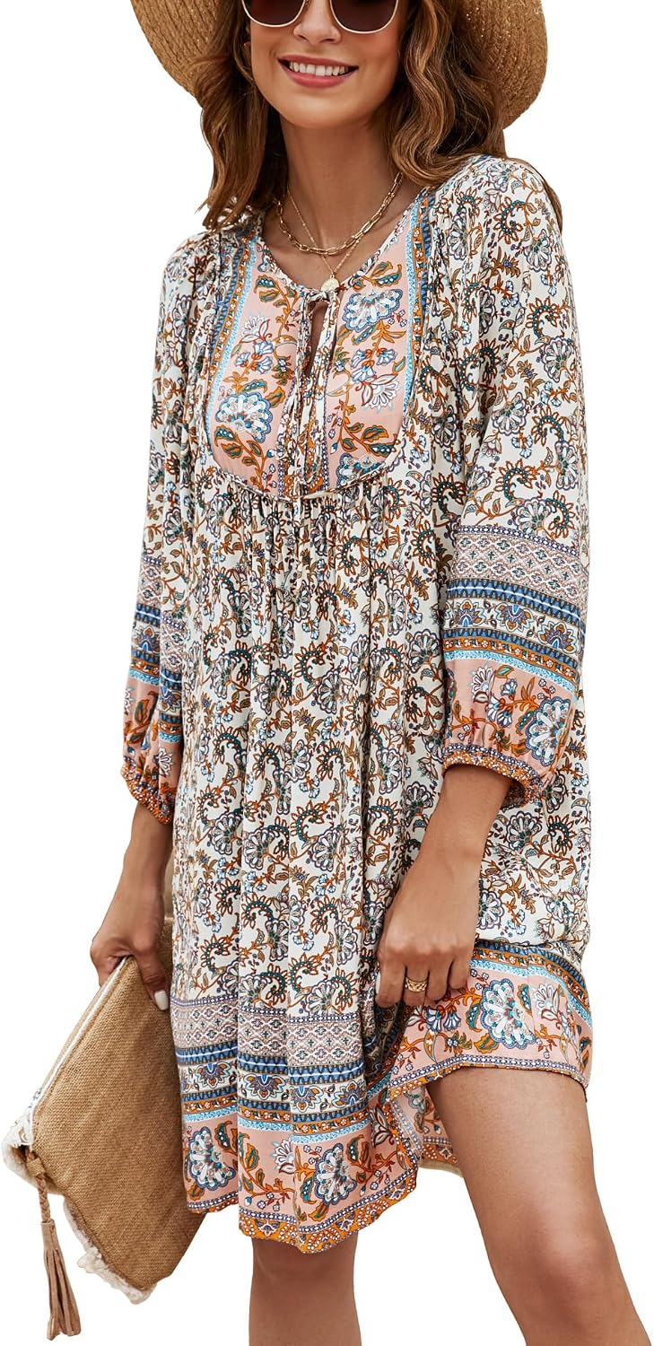 Bluetime Women 3\/4 Sleeve Summer Babydoll Dress | V Neck, Knee Length, Casual Floral Flowy Dress, Outfits for Vacation, Beach, Cocktail, Party, Wedding, Date