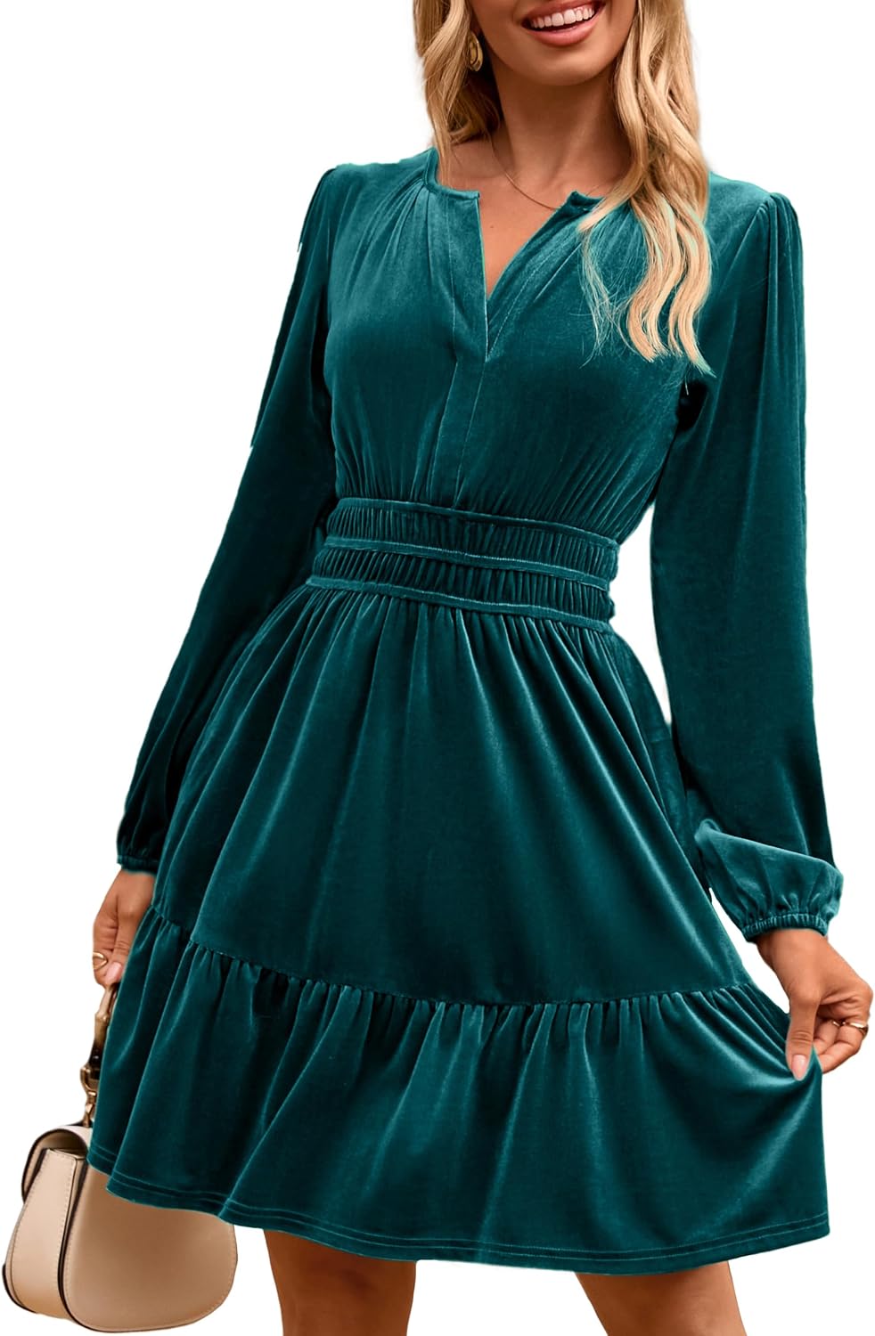 Simplee Womens Velvet Dress 2026 Fall Cocktail Long Sleeve Empire V Neck Wedding Guest Holiday Mini Dresses with Pockets