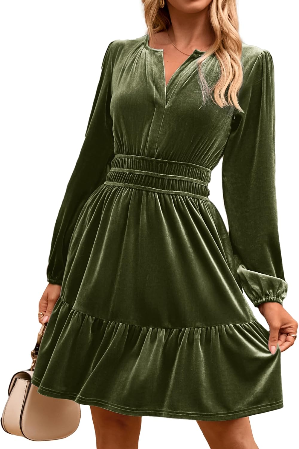 Simplee Womens Velvet Dress 2026 Fall Cocktail Long Sleeve Empire V Neck Wedding Guest Holiday Mini Dresses with Pockets