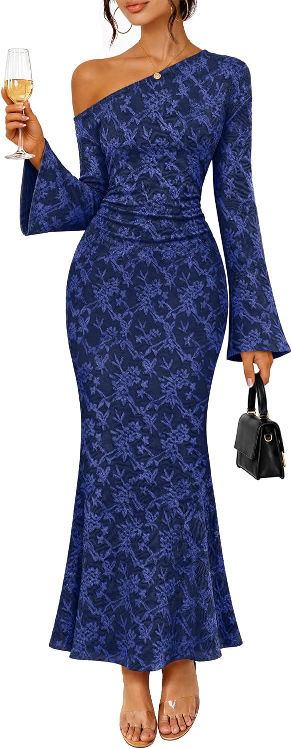 MEROKEETY Women's Lace Off The Shoulder Fall Wedding Guest Cocktail Dress | 2026 Floral, Maxi, Bell Long Sleeve, Maxi, Fitted, Bodycon, Ruched, Lined, Elegant Formal Outfifs, Party, Date Night Dresses