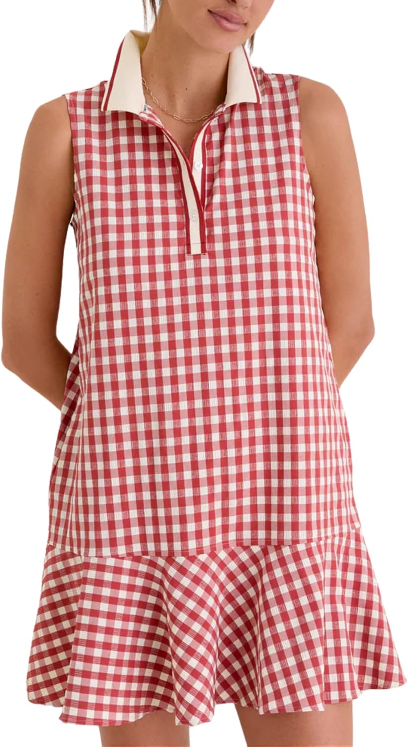 Meyhad Womens Gingham Polo Dress V Neck Sleeveless Ruffled Hem Mini Dresses Plaid Button Front Tennis Dress