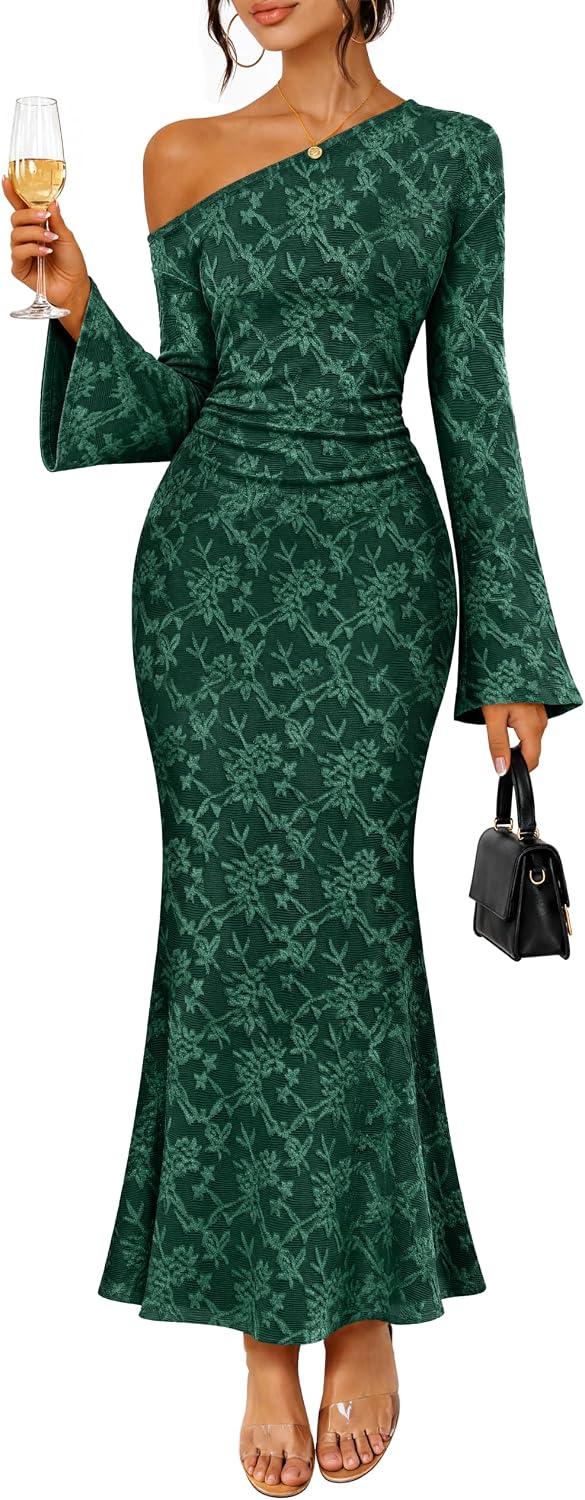 MEROKEETY Women's Lace Off The Shoulder Fall Wedding Guest Cocktail Dress | 2026 Floral, Maxi, Bell Long Sleeve, Maxi, Fitted, Bodycon, Ruched, Lined, Elegant Formal Outfifs, Party, Date Night Dresses