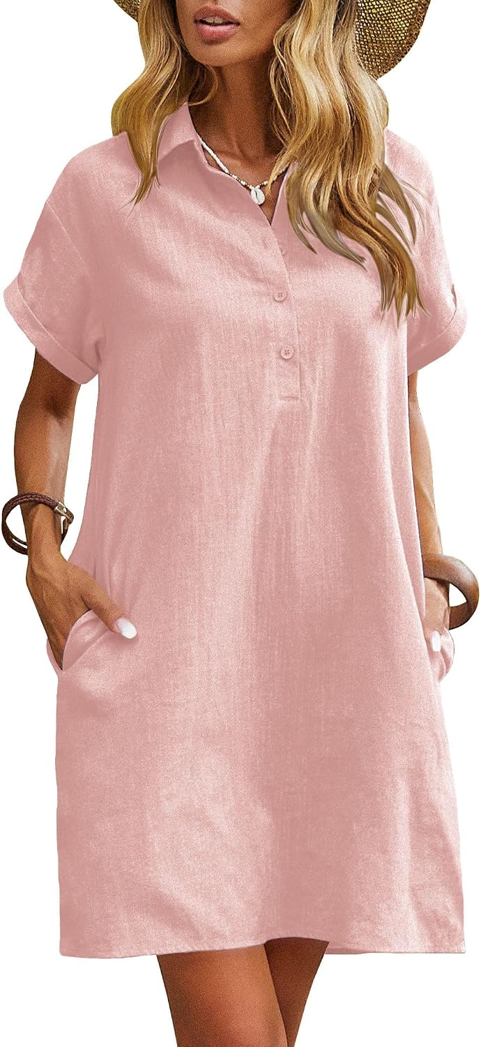 Zeagoo Womens Cotton Shirt Dress Summer Casual Short Sleeve Button Down Beach Cover Up Shirts with Pockets