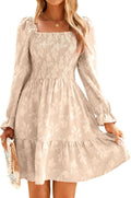 BerryGo Women's Square Neck Fall Long Sleeve Mini Dress Smocked Swing Ruffle Wedding Guest Dress