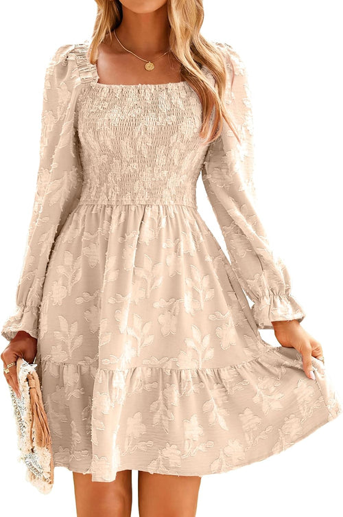BerryGo Women's Square Neck Fall Long Sleeve Mini Dress Smocked Swing Ruffle Wedding Guest Dress