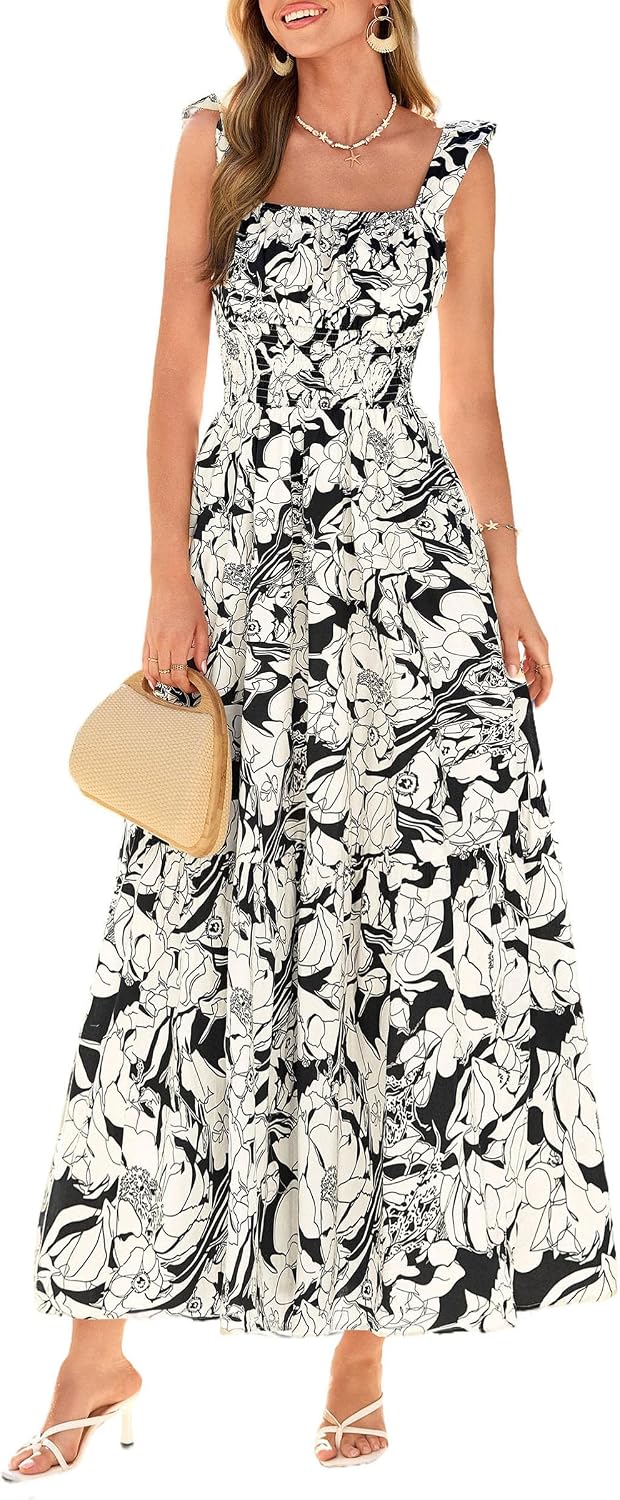 PRETTYGARDEN Women Boho Floral Maxi Sundresses | Square Neck A Line, Ruffle Straps, Smocked Pocket Dress, Flowy Spring Summer Outfit for Wedding Guest, Beach Vacation, Party
