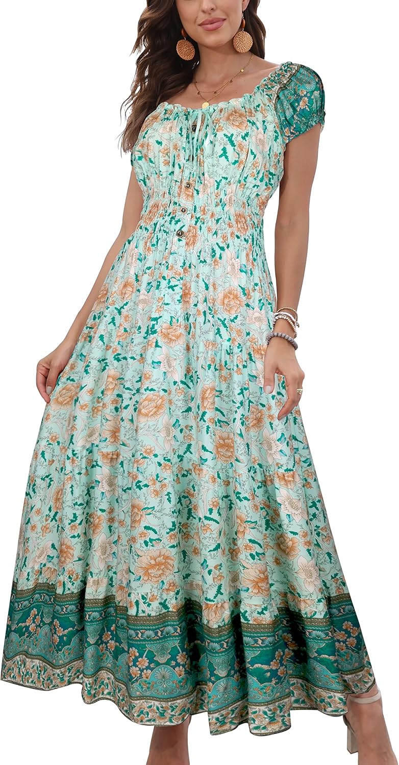 OSTOO Women's 2026 Maxi Dress Short Sleeves Boho Floral Print Tiered Casual Flowy Summer Long Dress