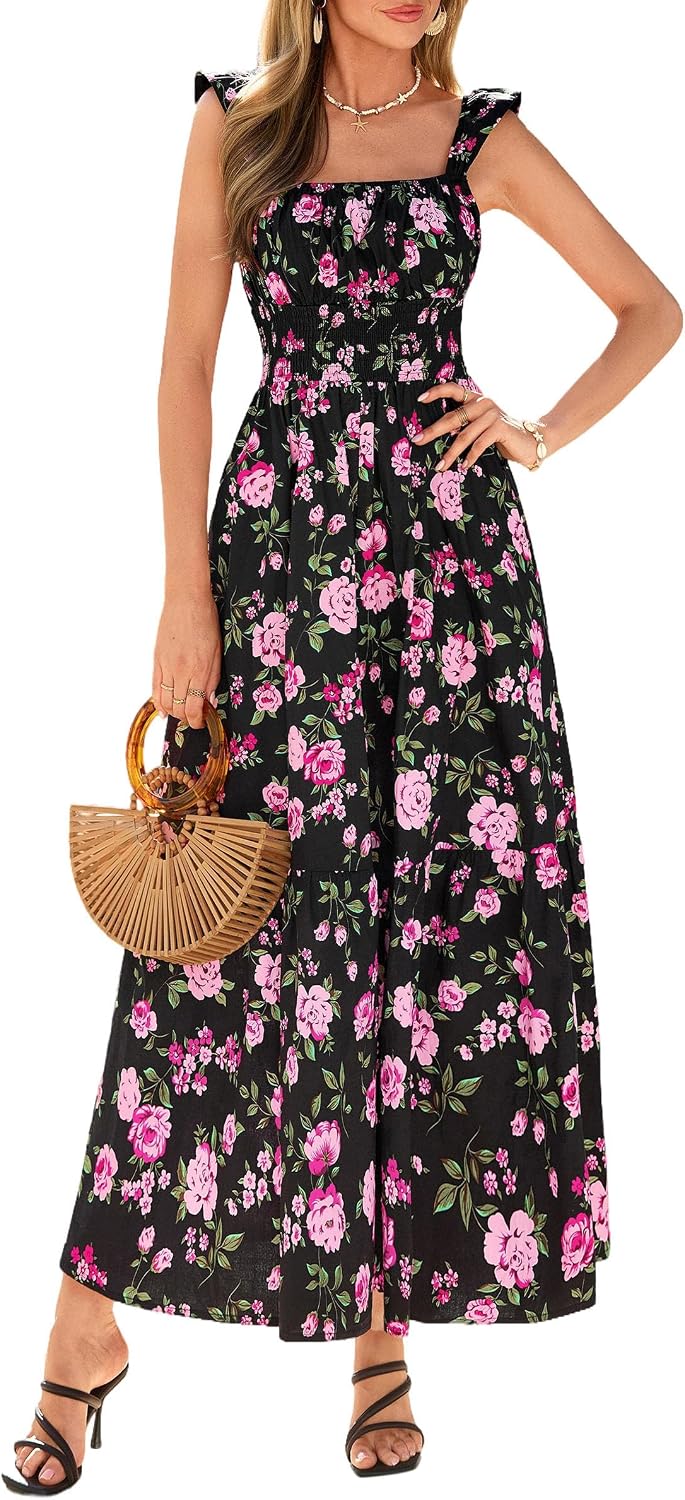 PRETTYGARDEN Women Boho Floral Maxi Sundresses | Square Neck A Line, Ruffle Straps, Smocked Pocket Dress, Flowy Spring Summer Outfit for Wedding Guest, Beach Vacation, Party