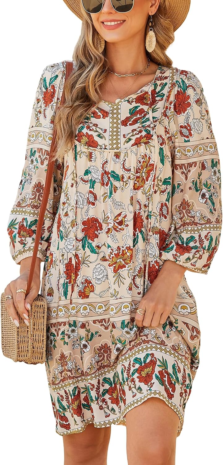 Bluetime Women 3\/4 Sleeve Summer Babydoll Dress | V Neck, Knee Length, Casual Floral Flowy Dress, Outfits for Vacation, Beach, Cocktail, Party, Wedding, Date