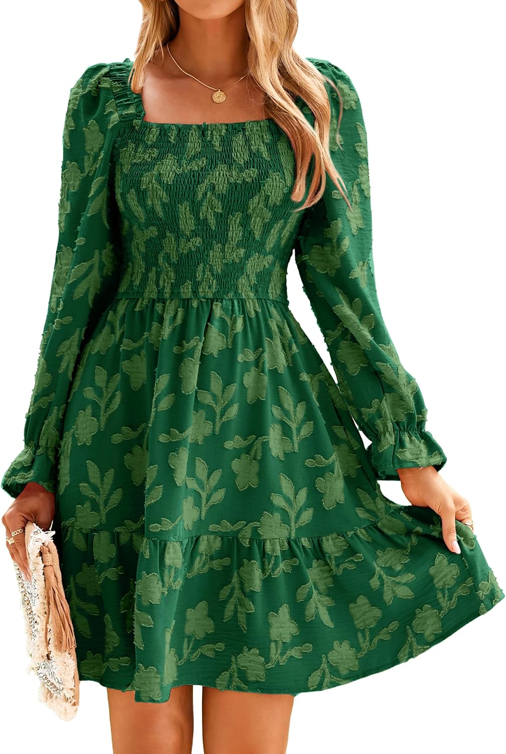 BerryGo Women's Square Neck Fall Long Sleeve Mini Dress Smocked Swing Ruffle Wedding Guest Dress