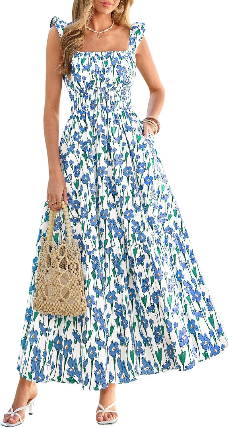 PRETTYGARDEN Women Boho Floral Maxi Sundresses | Square Neck A Line, Ruffle Straps, Smocked Pocket Dress, Flowy Spring Summer Outfit for Wedding Guest, Beach Vacation, Party