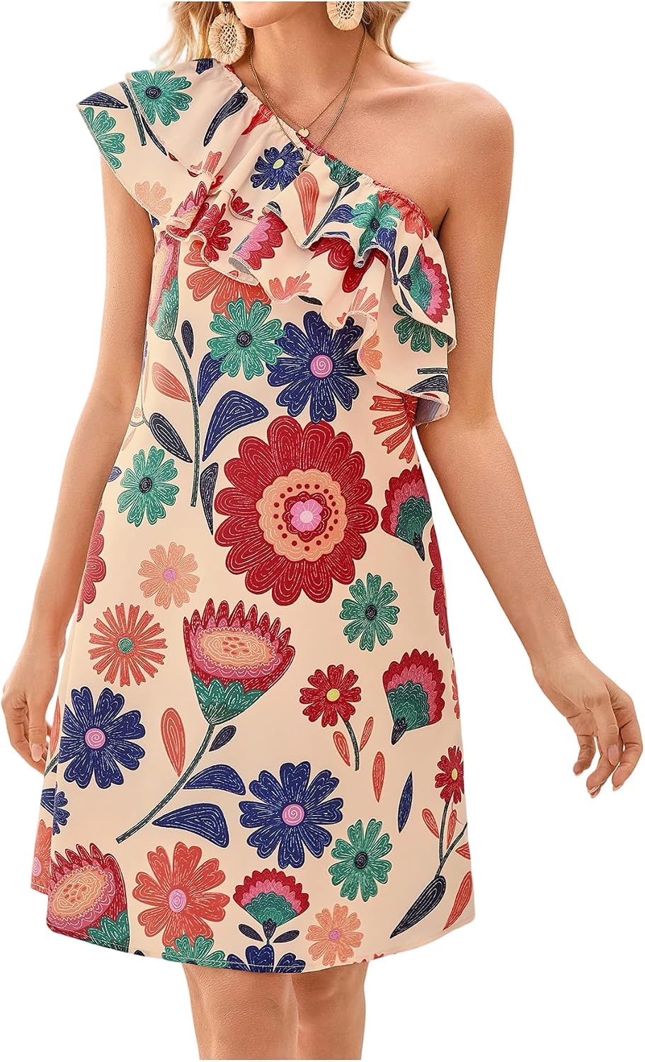 Floerns Women's One Shoulder Tiered Layered Sleeveless Ruffle Trim Tunic Dress
