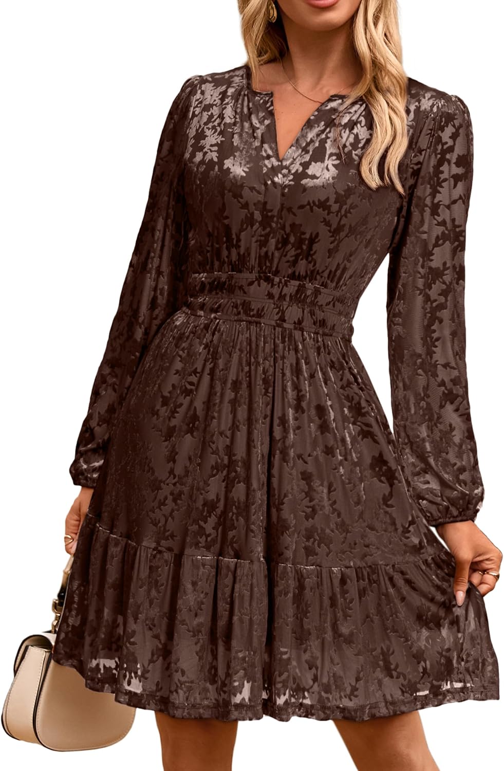 Simplee Womens Velvet Dress 2026 Fall Cocktail Long Sleeve Empire V Neck Wedding Guest Holiday Mini Dresses with Pockets