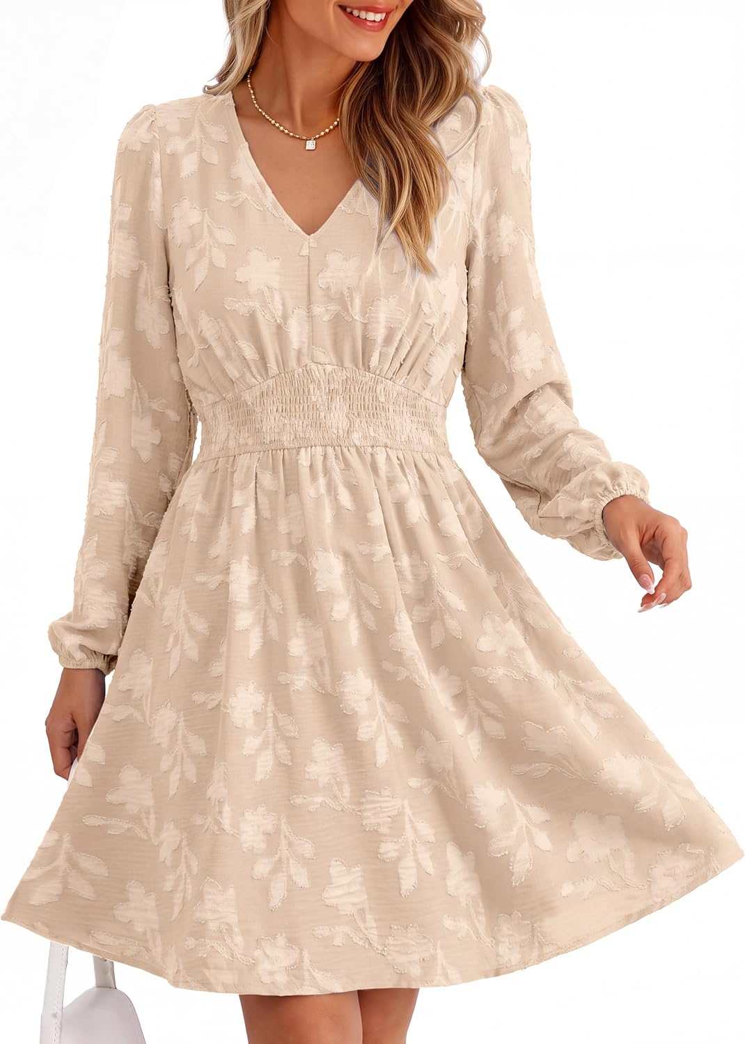 Simplee Womens Fall Long Sleeve Babydoll Wedding Guset Mini Dress | Babydoll Fit,Boho Weatern Short Dress with Pocket,A Line V Neck Flowy,Elastic Waist,Burnout Floral,Cocktail Party