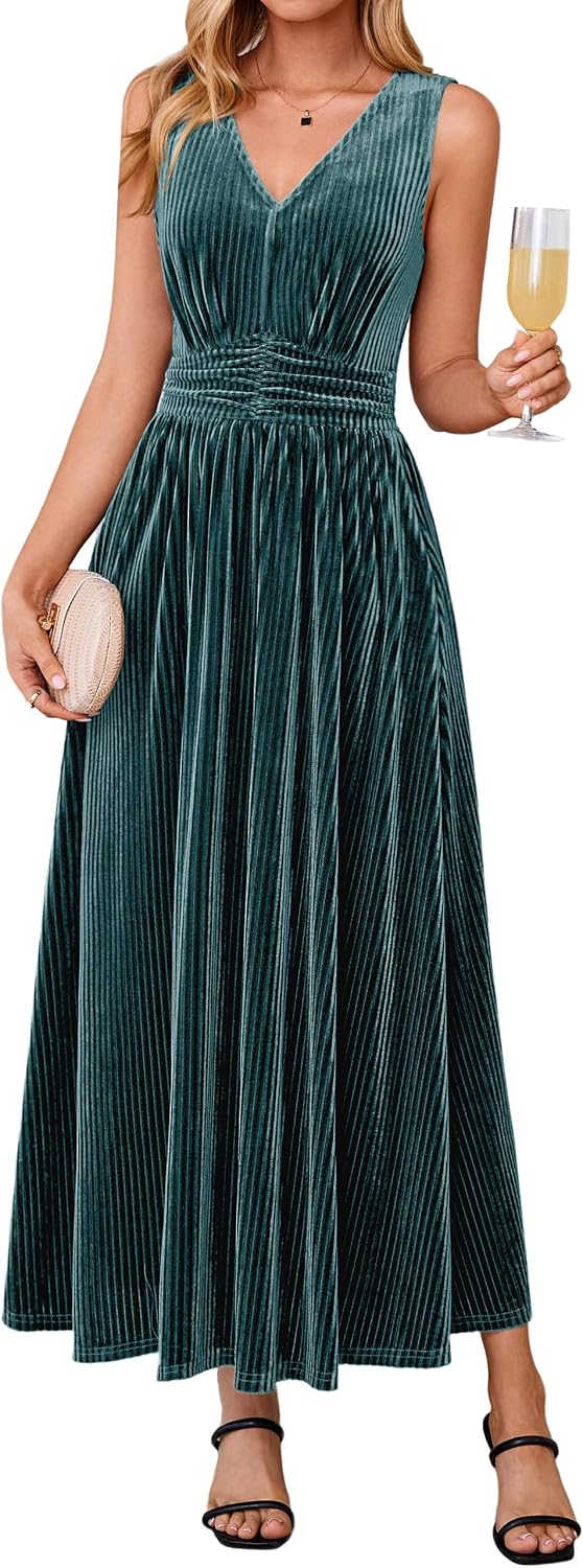 Simplee Womens Velvet Sleeveless Formal Wedding Guest Cocktail Maxi Dress | V Neck High Waist, Fall Winter Holiday Party Prom, Elegant Vintage Long Dress, Bridesmaid, Flowy Casual, Pocket