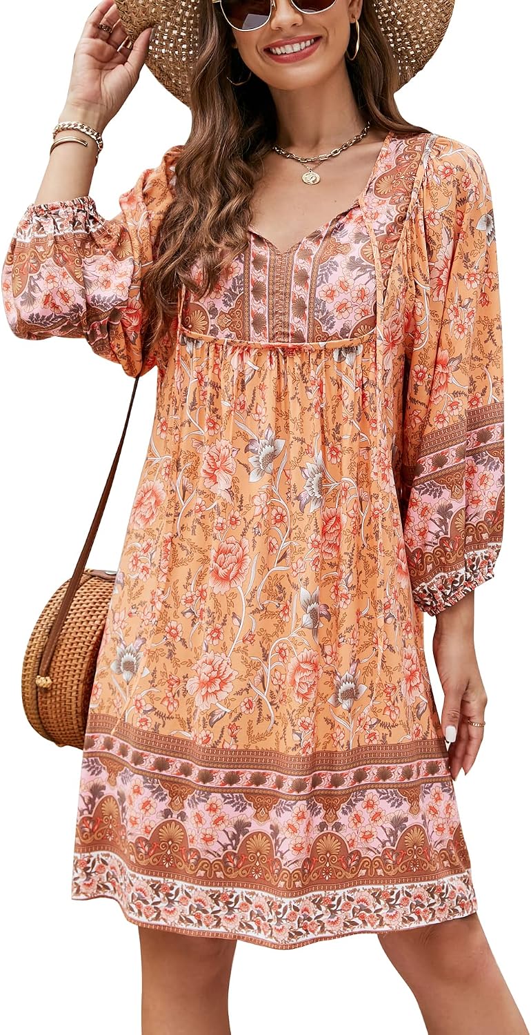Bluetime Women 3\/4 Sleeve Summer Babydoll Dress | V Neck, Knee Length, Casual Floral Flowy Dress, Outfits for Vacation, Beach, Cocktail, Party, Wedding, Date
