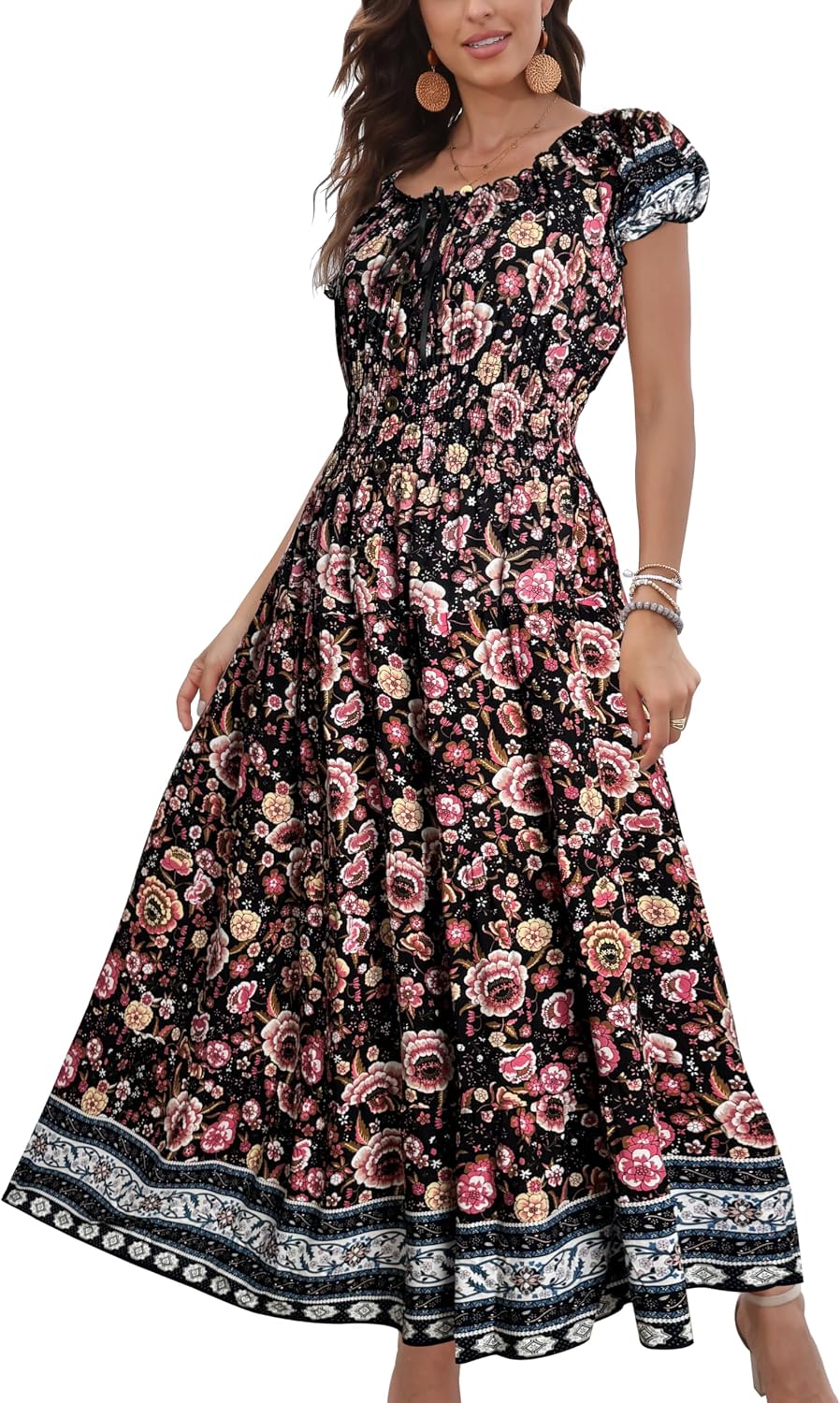 OSTOO Women's 2026 Maxi Dress Short Sleeves Boho Floral Print Tiered Casual Flowy Summer Long Dress