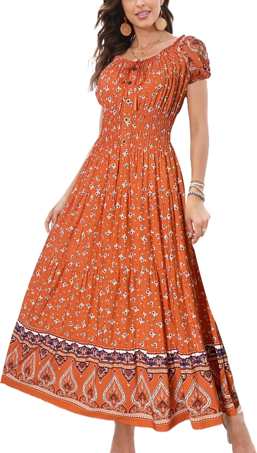 OSTOO Women's 2026 Maxi Dress Short Sleeves Boho Floral Print Tiered Casual Flowy Summer Long Dress